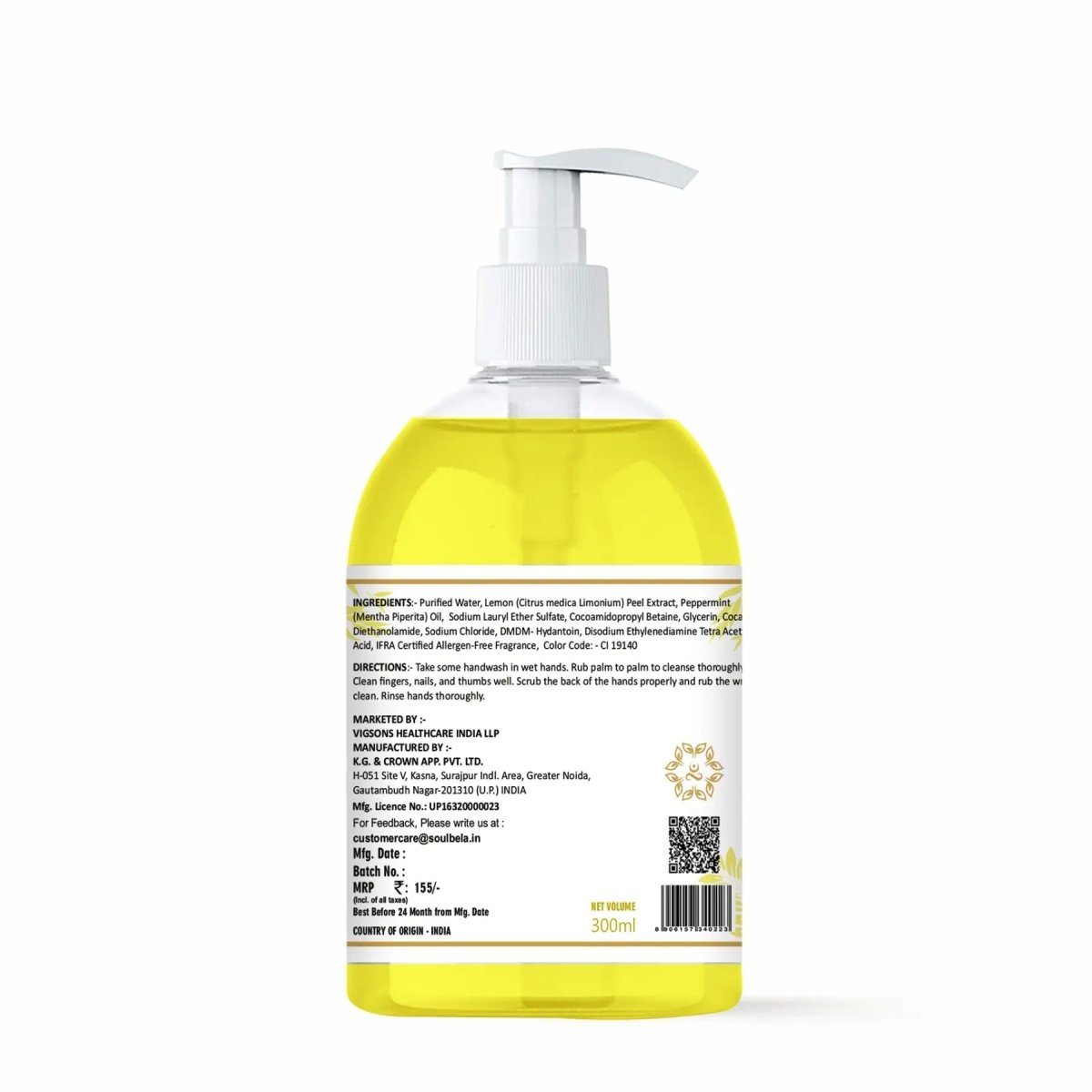 Soul Bela Mint Lemon Hand Wash (300ml) - Kreate- Mani & Pedi
