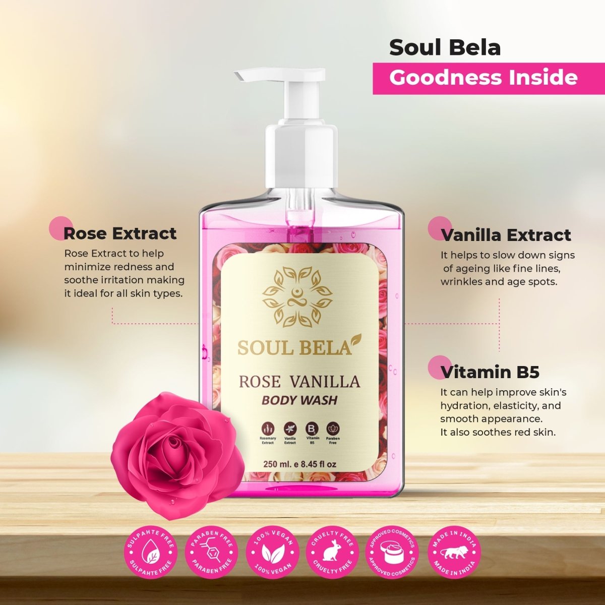 Soul Bela Rose Vanilla Body Wash (250ml) - Kreate- Body Wash