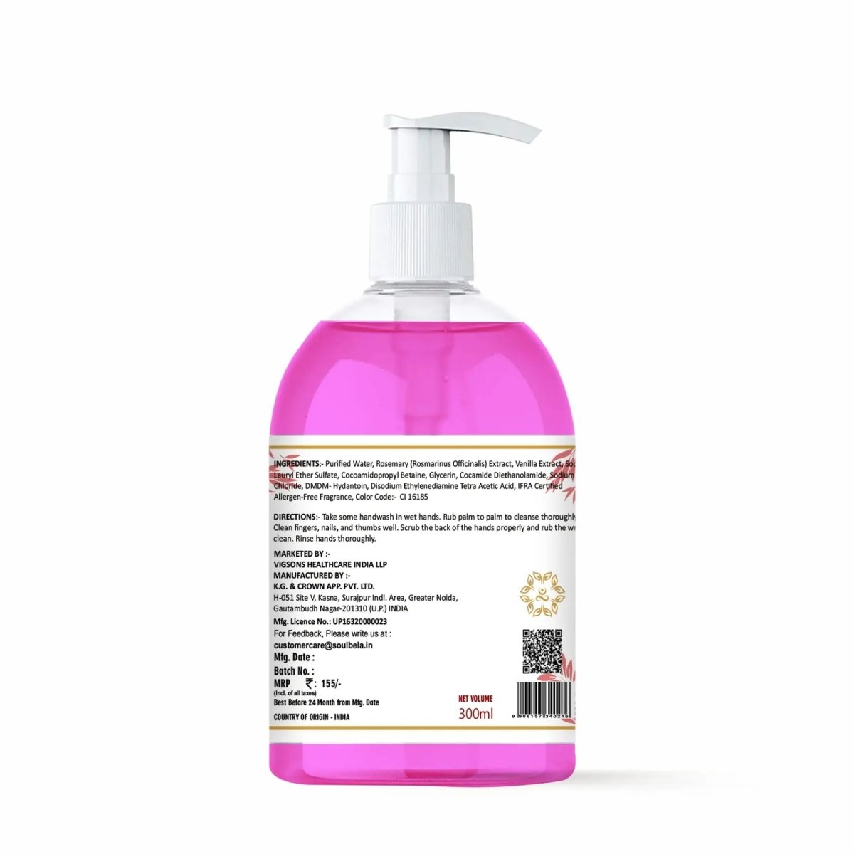 Soul Bela Rose Vanilla Hand Wash (300ml) - Kreate- Mani & Pedi