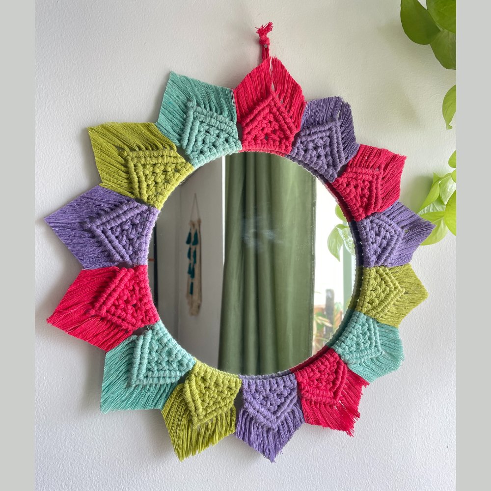 Story of Knots Green, Pink and White Macrame Mirror - Kreate- Wall Decor