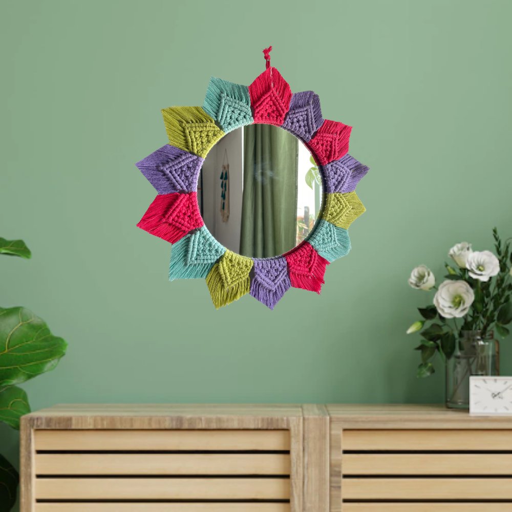 Story of Knots Green, Pink and White Macrame Mirror - Kreate- Wall Decor