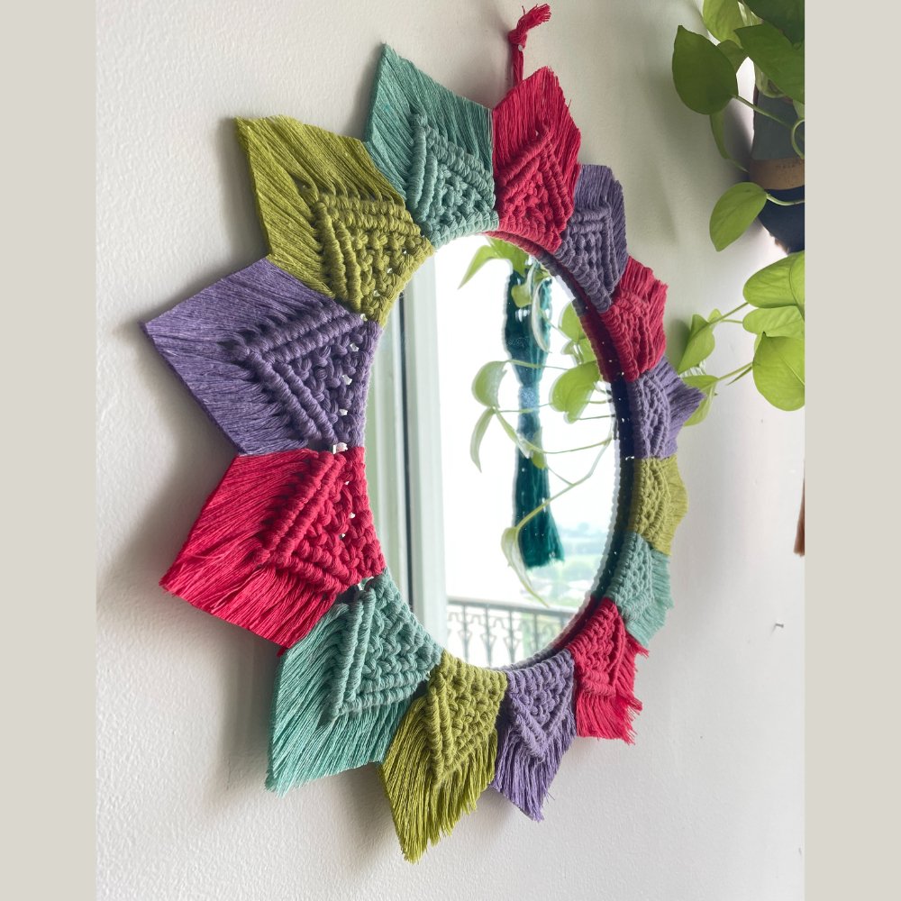 Story of Knots Green, Pink and White Macrame Mirror - Kreate- Wall Decor