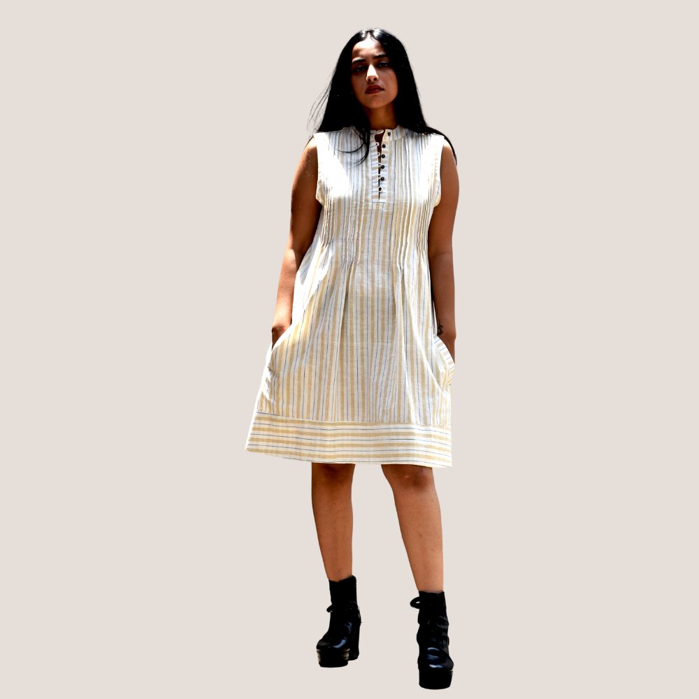 Striped Pin-tuck Sleeveless Dress - Kreate- Dresses & jumpsuits