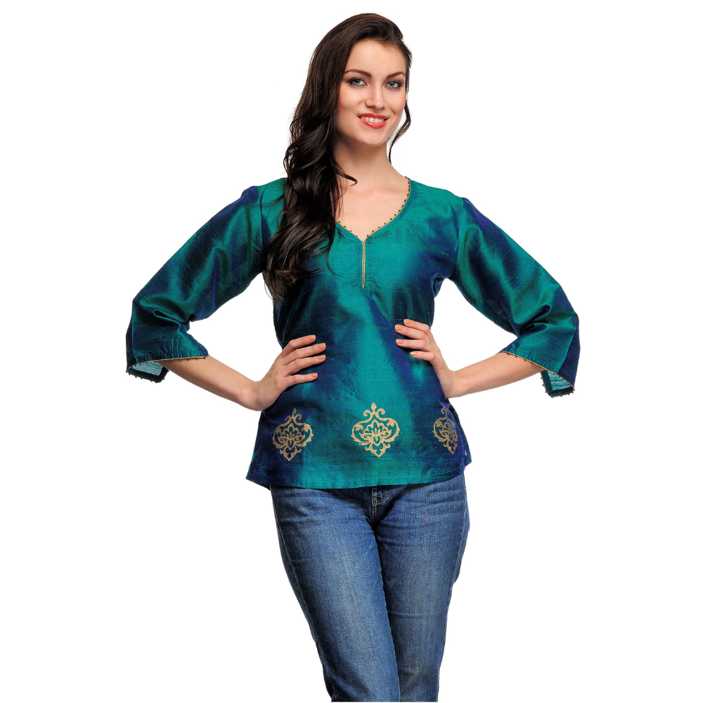 Teal blue Raw Silk Kurti