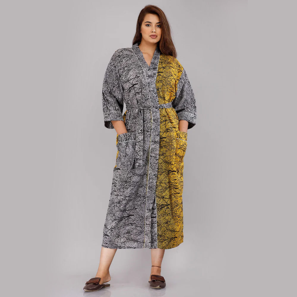 Tree Pattern Kimono Robe Long Bathrobe For Women (Grey)