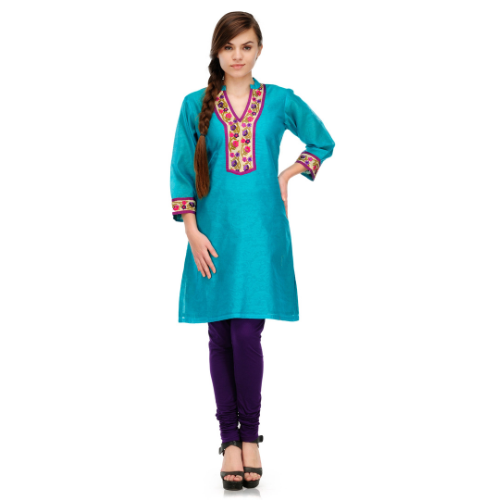 Turquoise Cotton Silk Embroidery Kurta