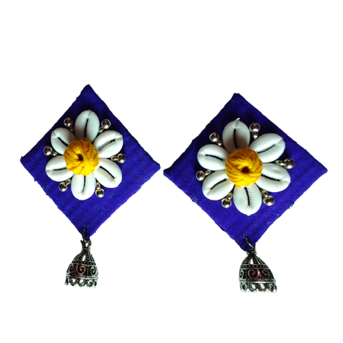 Enchanting Fabric Blue Base White Flower Earring