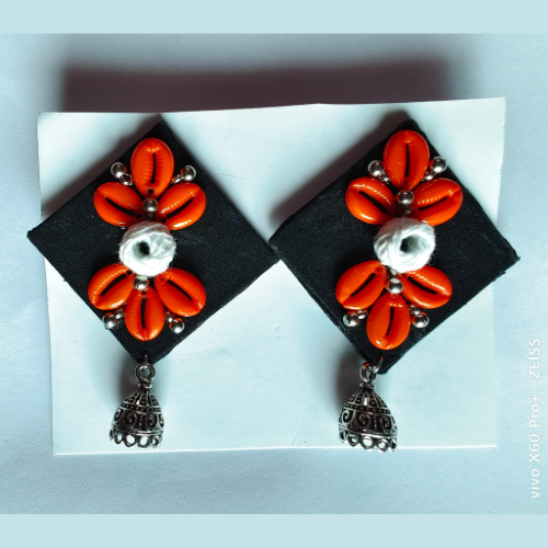 Handcrafted Black Base Red Flower Fabric Flower Earrings