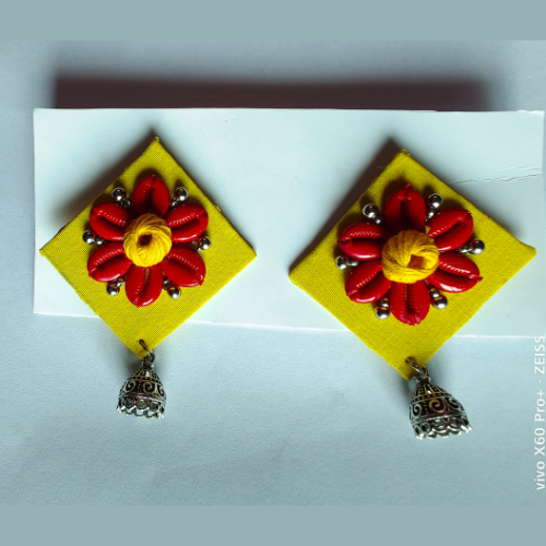 Handmade Yellow Base Red Flower Fabric Flower Earrings