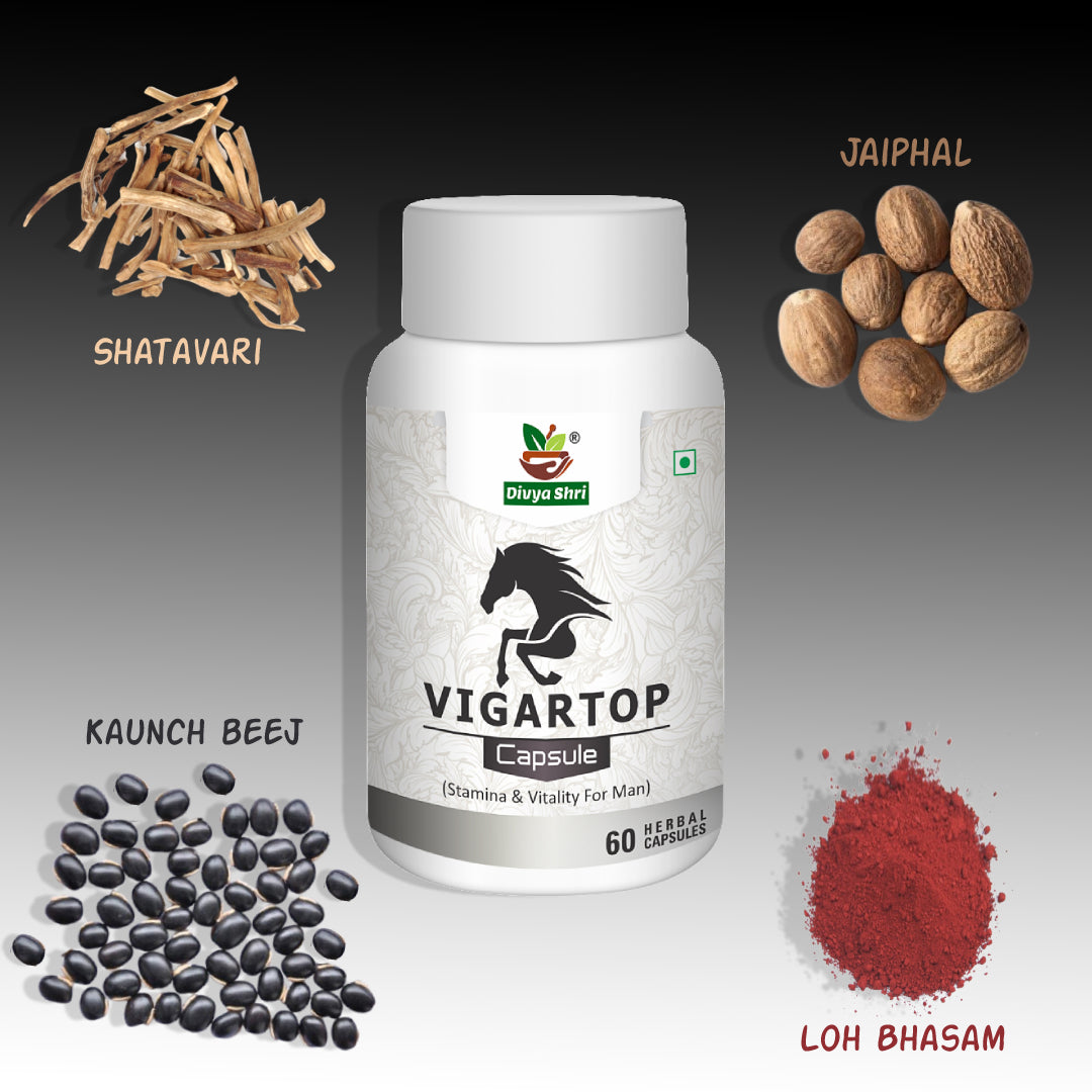 Divya Shri Vigartop Capsules 60pc, Ayurvedic Testosterone Strength Stamina Booster Supplement For Men With Safed Musli Kounch Beej Ashwagndha