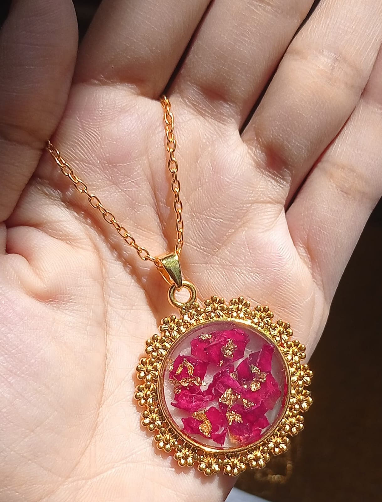 Pressed Real Red Rose Flower Necklace with Gold Flakes