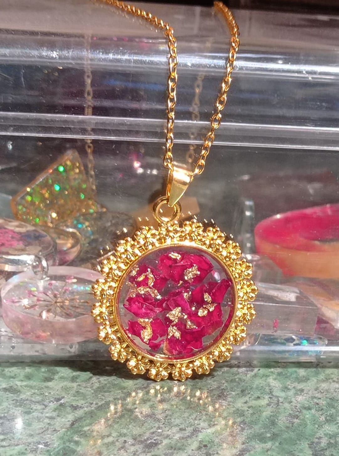 Pressed Real Red Rose Flower Necklace with Gold Flakes