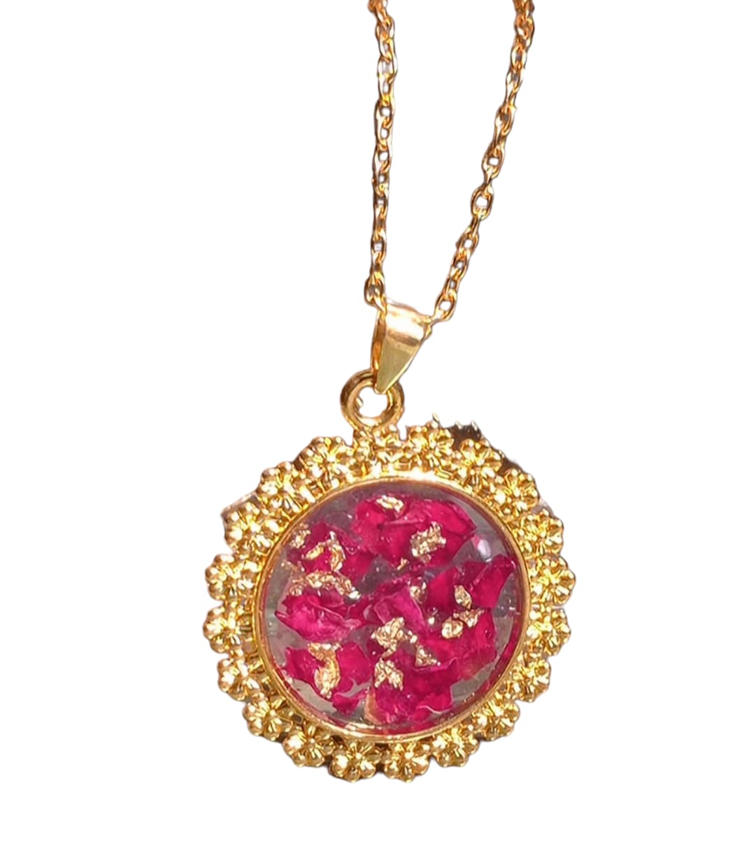 Pressed Real Red Rose Flower Necklace with Gold Flakes