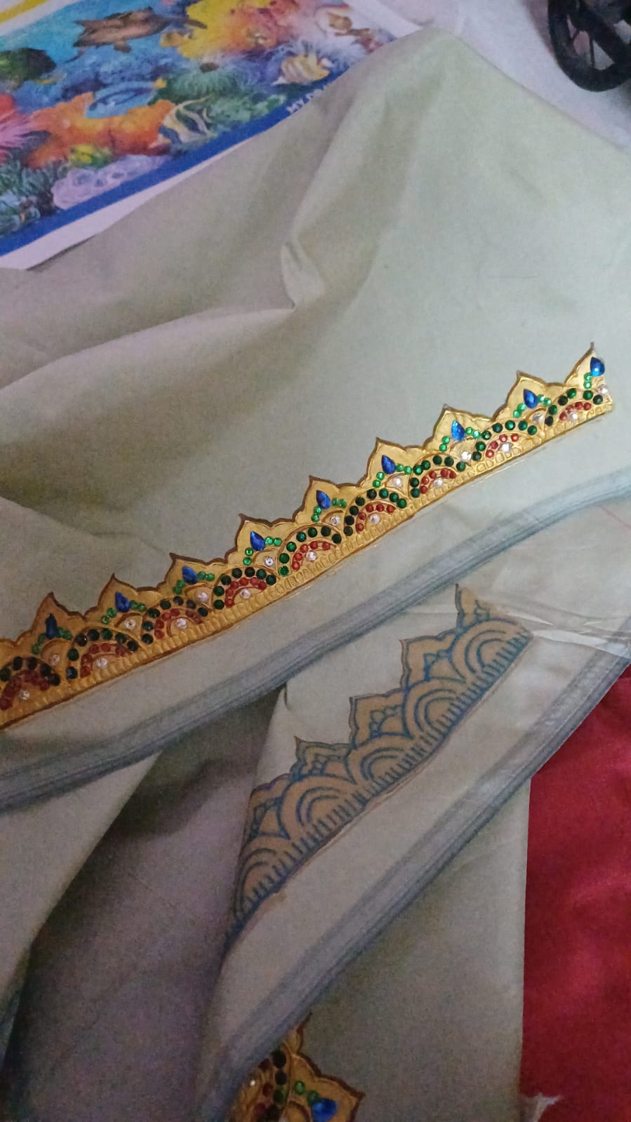 Hand-Painted Tanjore Goddess Lakshmi on Pista Green Jasmine Silk High-Neck Blouse
