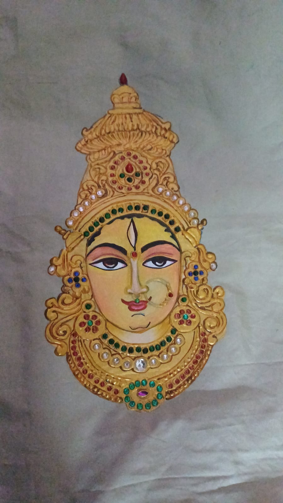 Hand-Painted Tanjore Goddess Lakshmi on Pista Green Jasmine Silk High-Neck Blouse