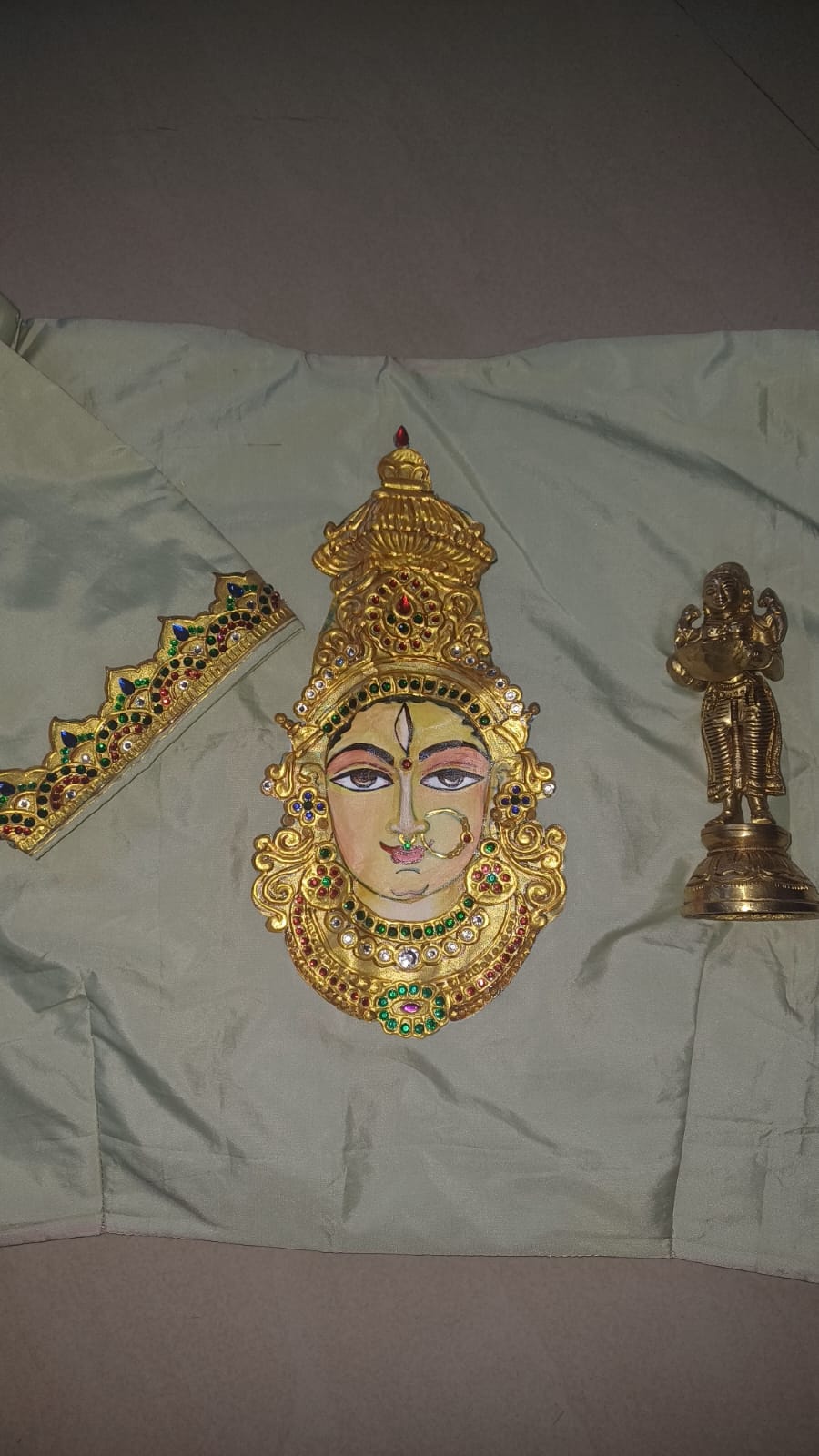 Hand-Painted Tanjore Goddess Lakshmi on Pista Green Jasmine Silk High-Neck Blouse