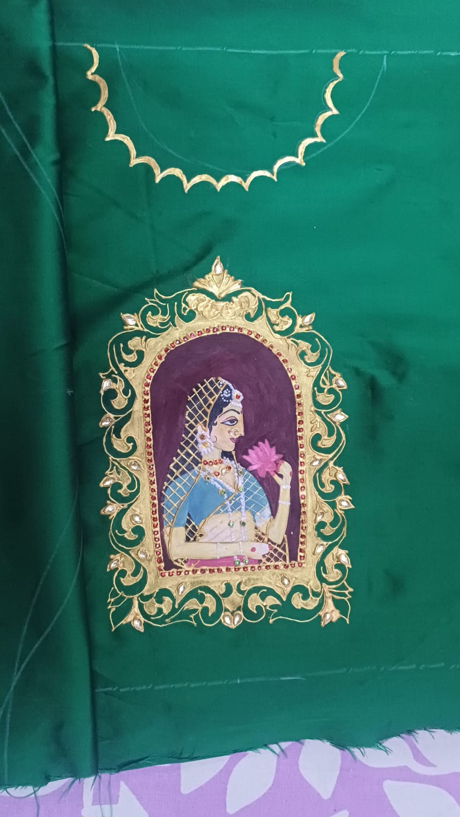 Hand-Painted Tanjore Rani Design on Unstitched Jasmine Silk Fabric
