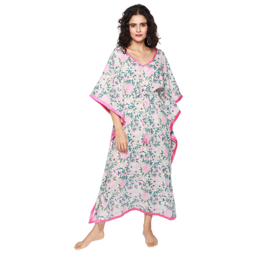 White with Pink florals Cotton Kaftan