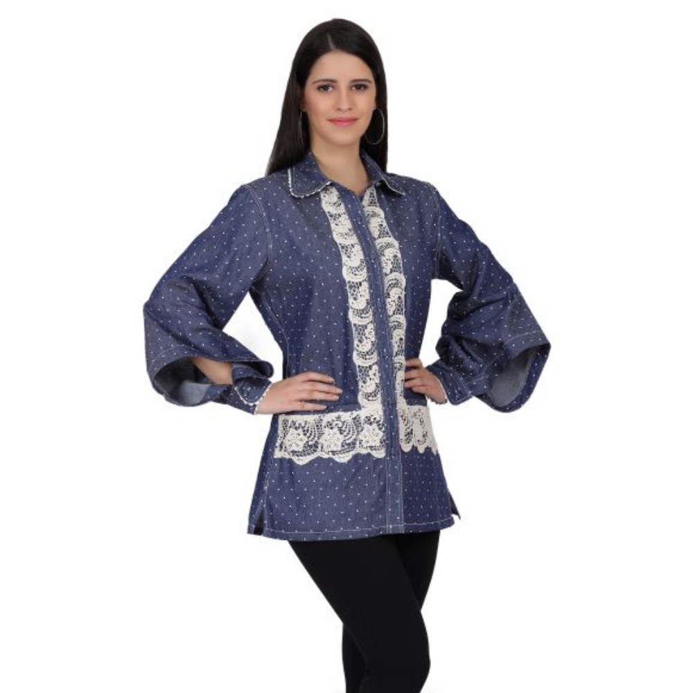 Denim Long Shirt with Lace
