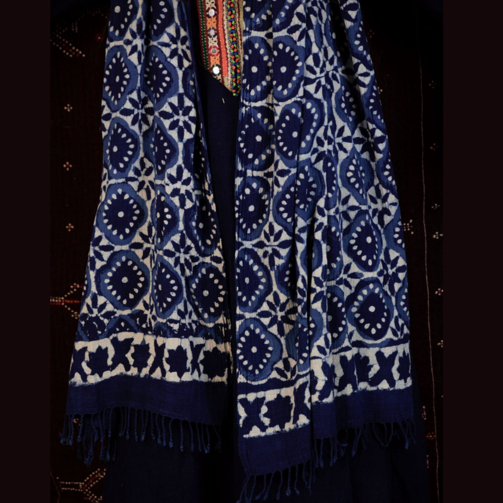 Kala Cotton Handloom Stole with Dabu Indigo Block Print