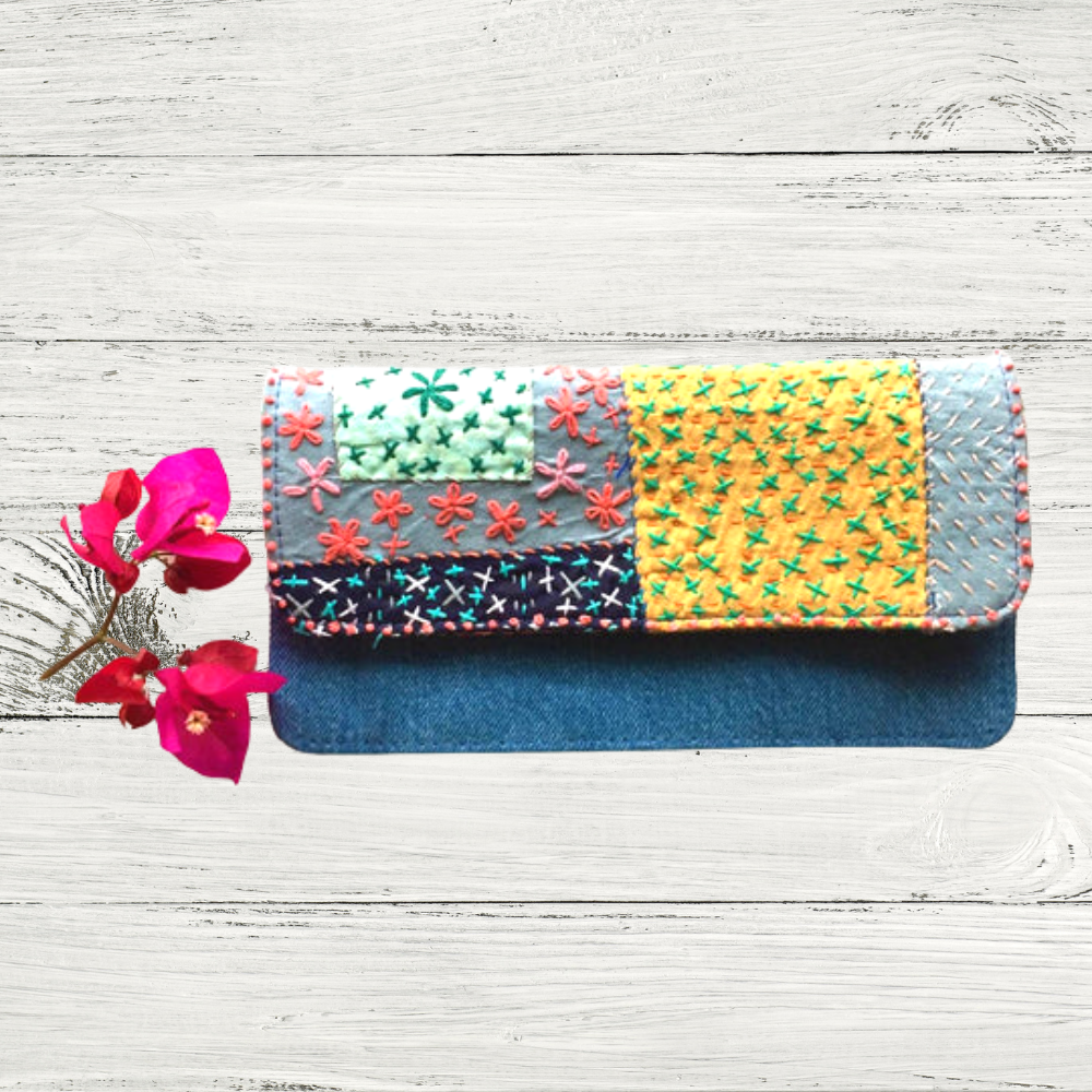 Flowery Crossways Sashiko Wallet