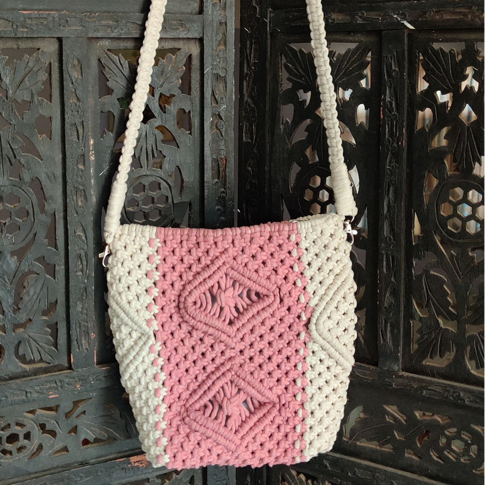 Macrame Sling Bag in Peach and White