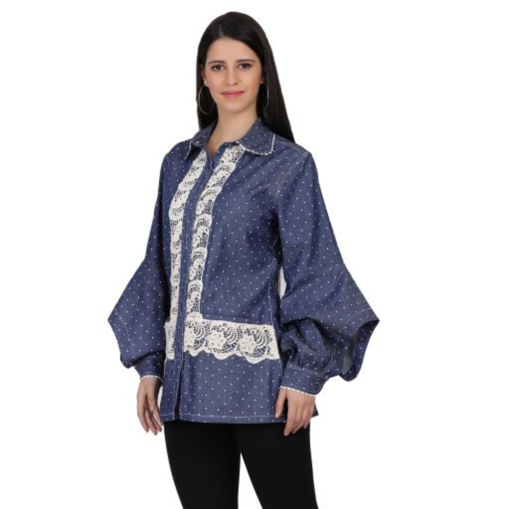Denim Long Shirt with Lace