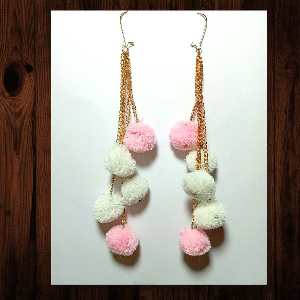 White & Pink Pom Pom Earrings