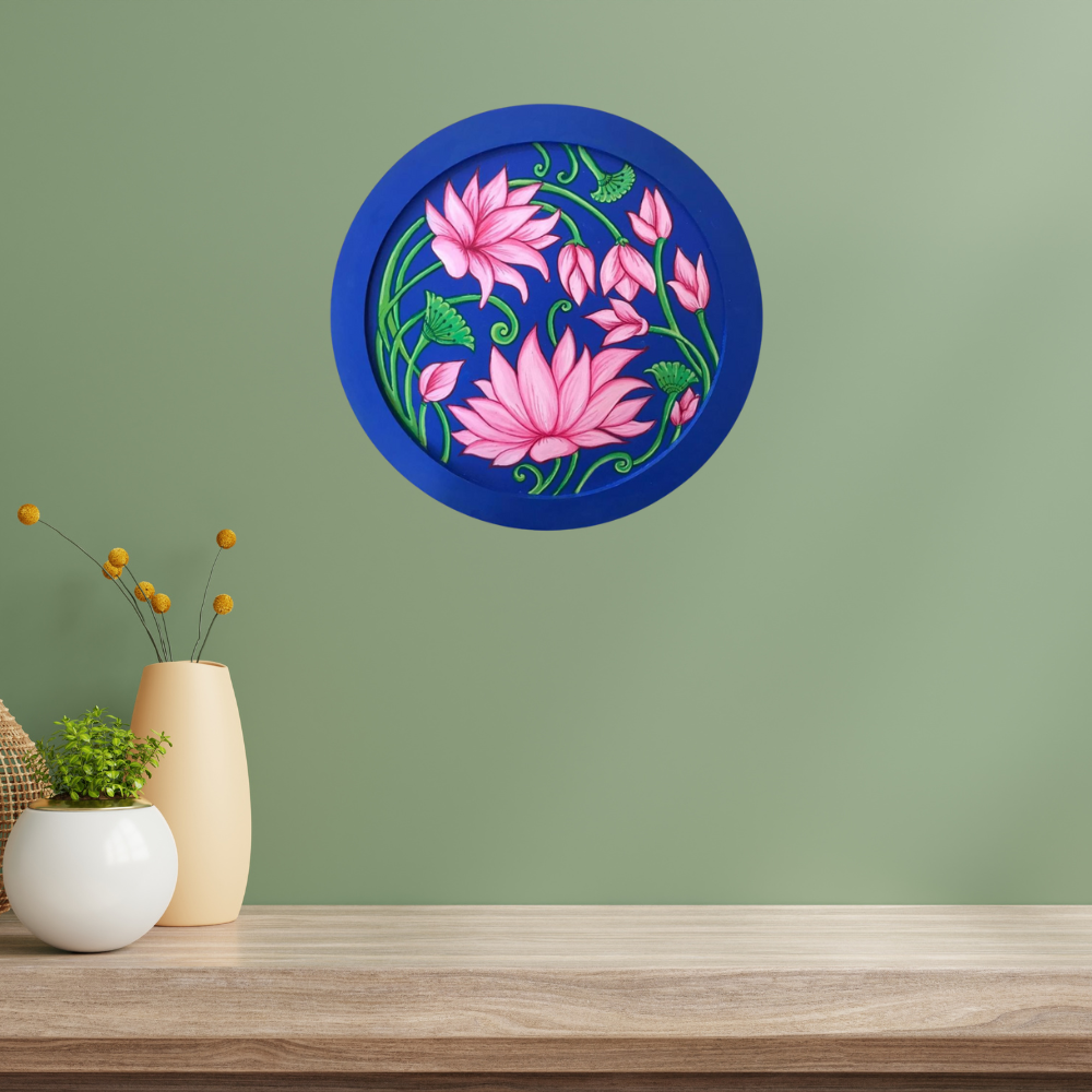 Pichwai Lotus Hand Painted Wall Plate- Multicolour