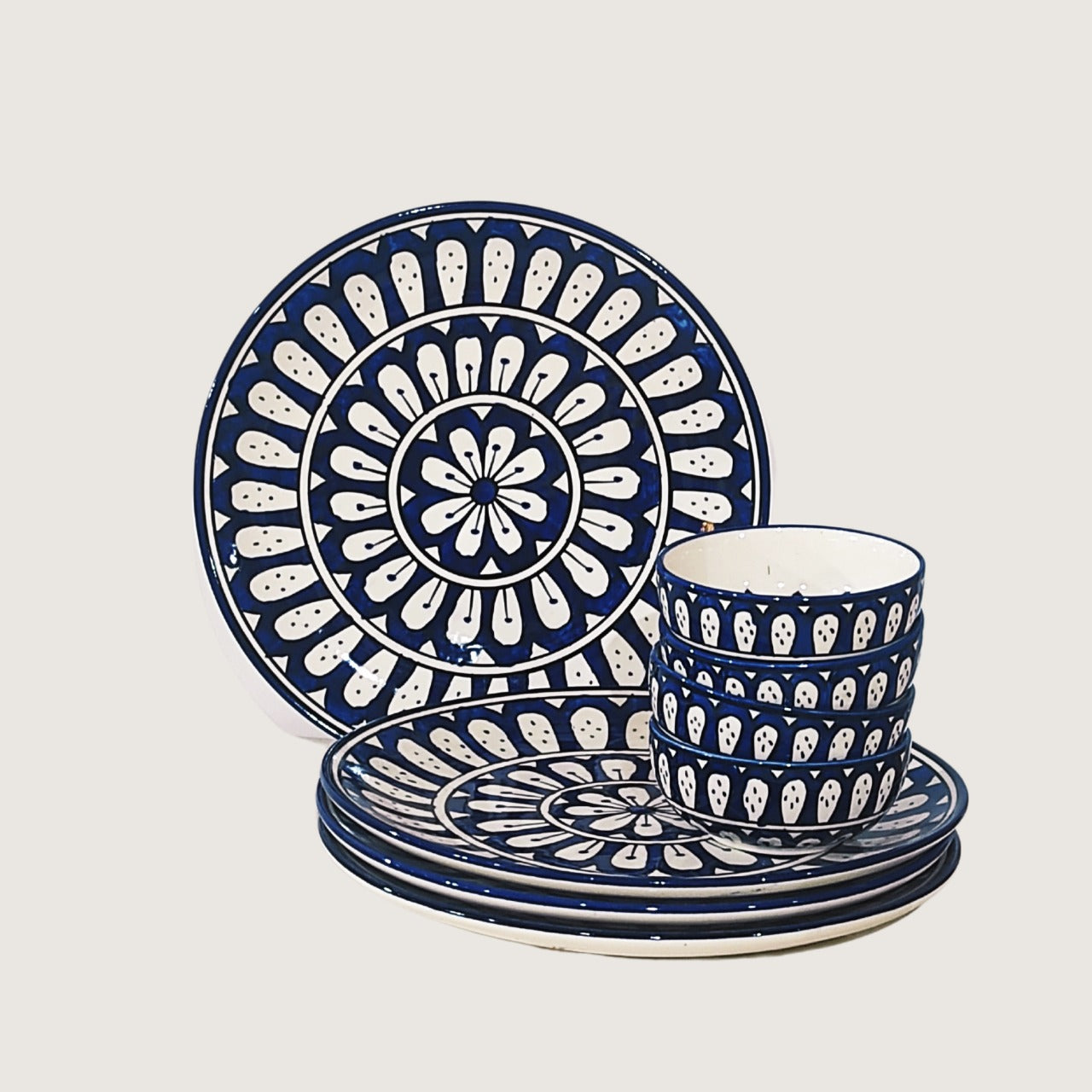 Maatikosh Handcrafted Blue Blossom Dinner Plates with Bowls