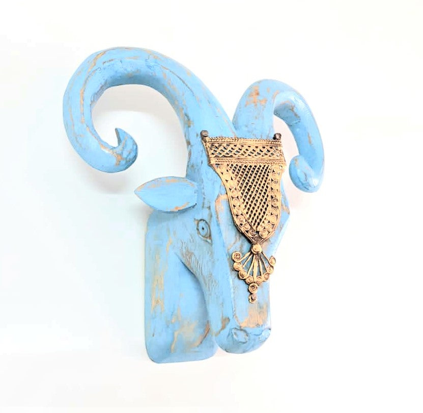 Hand Crafted Wooden Ram Head (Blue Distressed Finish)