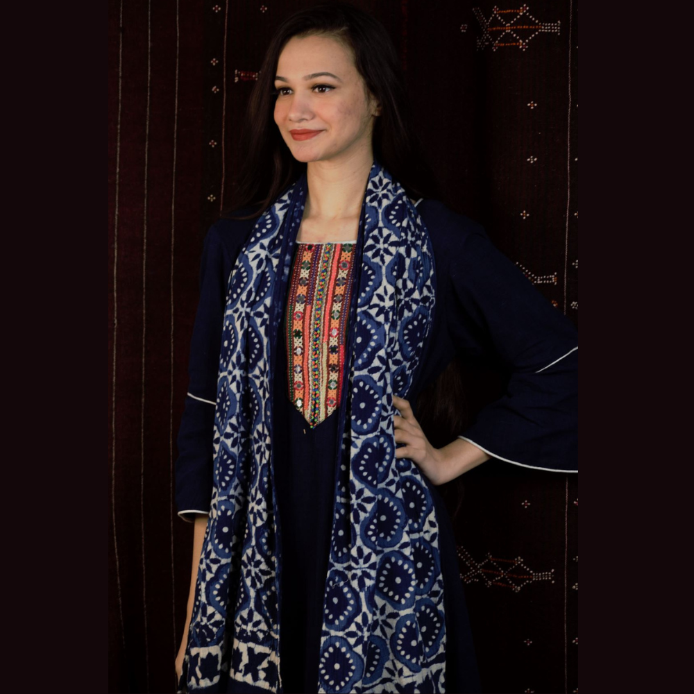 Kala Cotton Handloom Stole with Dabu Indigo Block Print