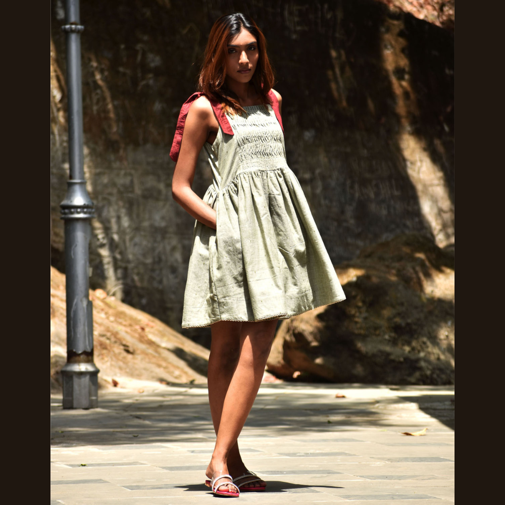 Tie Strap Mini Olive Pleated Dress