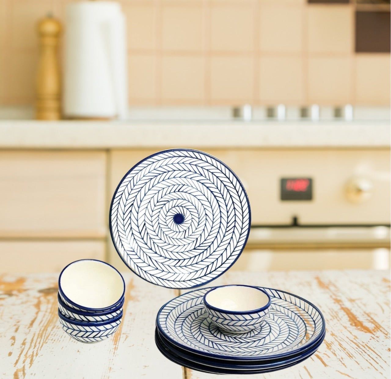 Maatikosh Handcrafted Blue Chevron Dinner Plates with Bowls