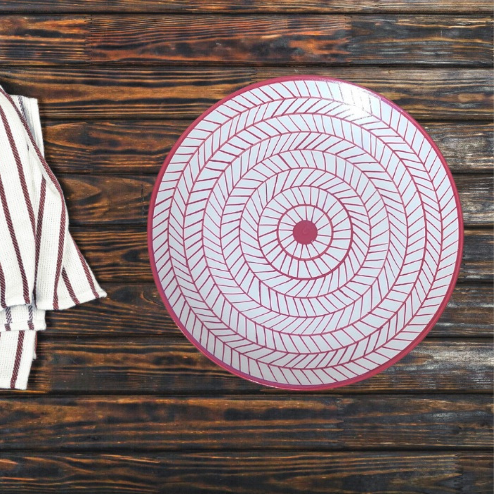Maatikosh Handcrafted Red Chevron Dinner Plates with Bowls
