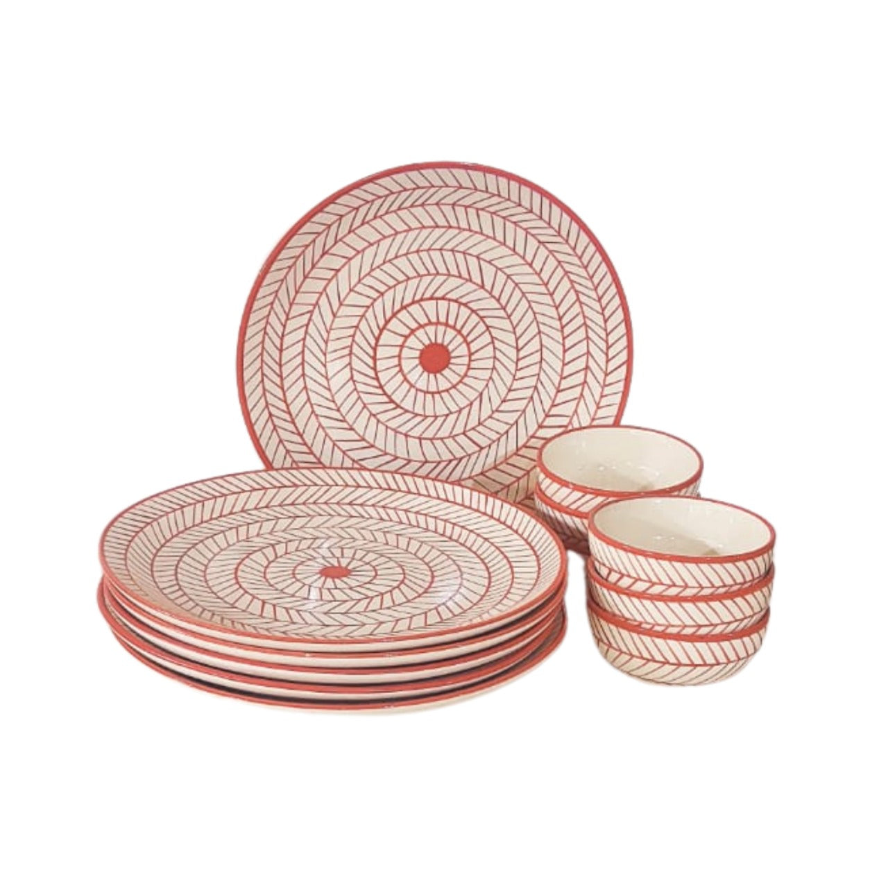 Maatikosh Handcrafted Red Chevron Dinner Plates with Bowls