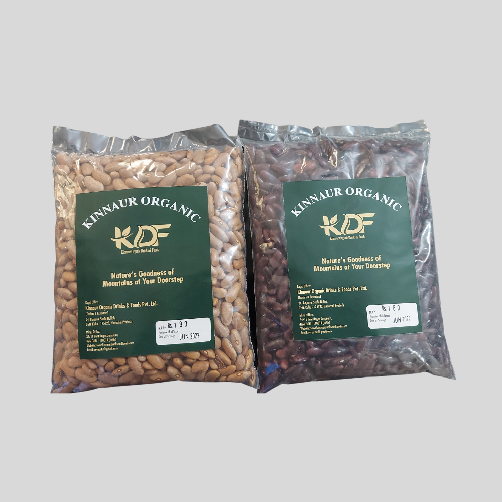 Two packs of Kinnaur Organic Rajma, showcasing nature's goodness from the mountains, available in a convenient 500g pack. Perfect for a hearty meal, FSSAI certified.
