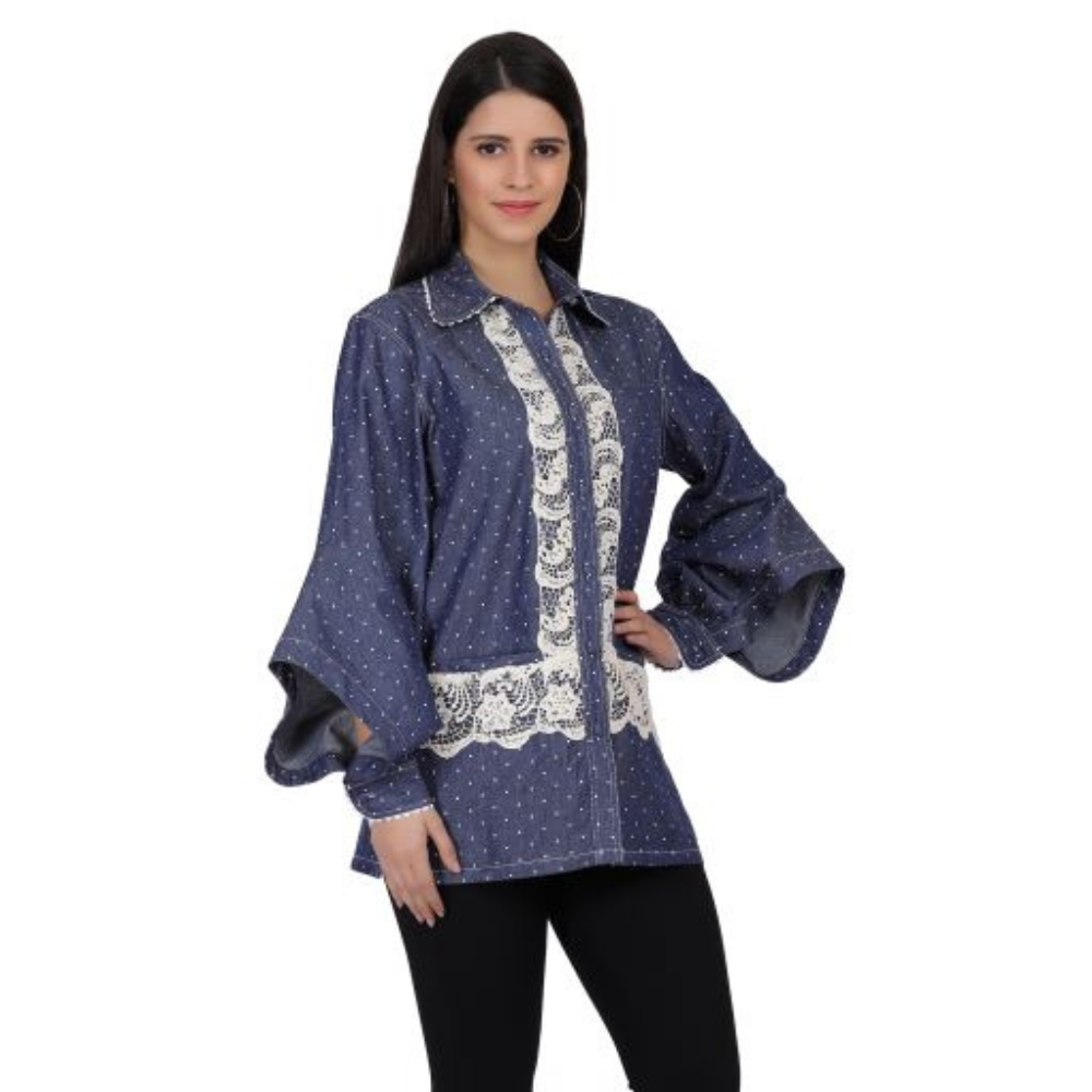 Denim Long Shirt with Lace