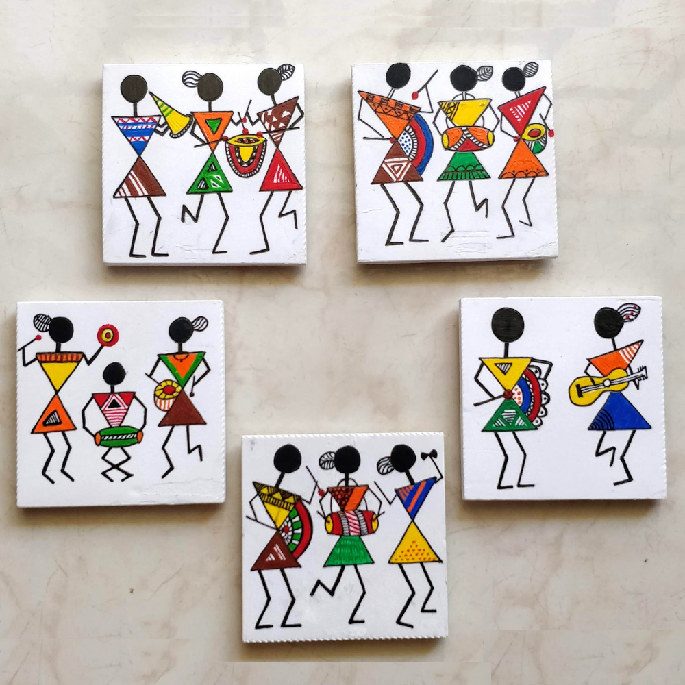 Vibrant Coasters with Warli Tribal Art (Set of 6)