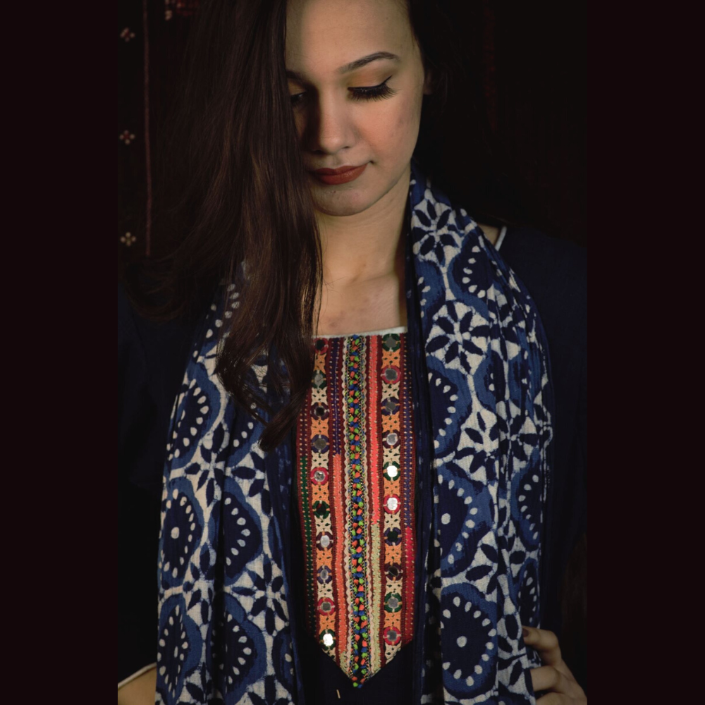 Kala Cotton Handloom Stole with Dabu Indigo Block Print