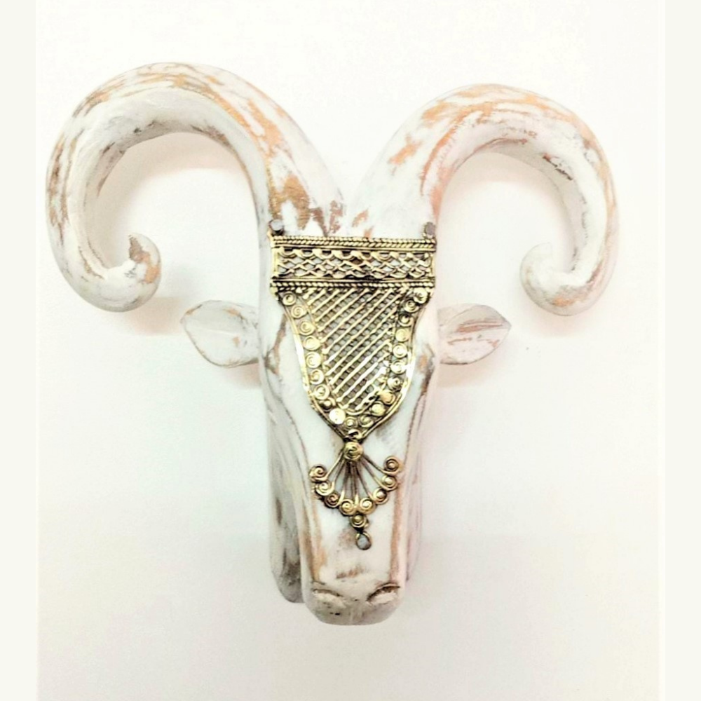 Hand Crafted Wooden Ram Head (White Distressed)