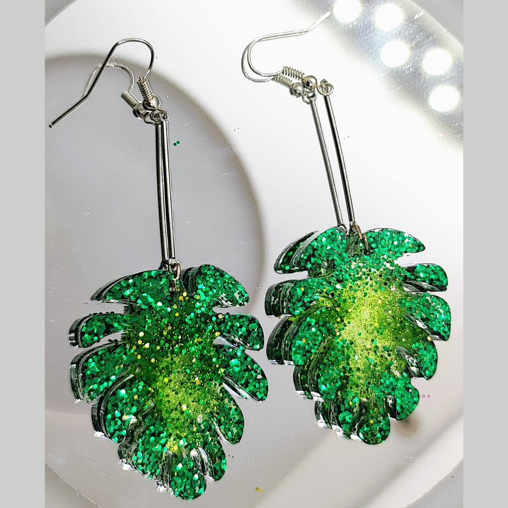 Green Leaf Resin Earrings