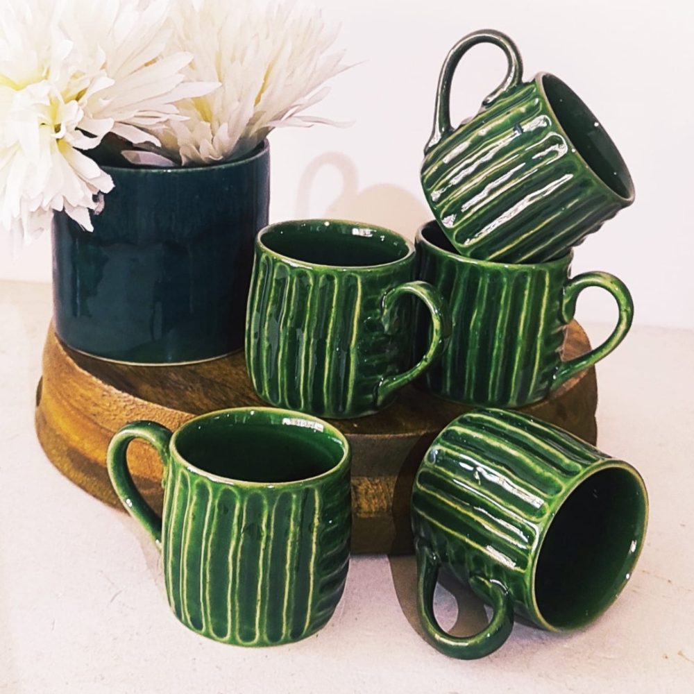 Maatikosh Handcrafted Green Ceramic Studio Coffee Mug (Set of 4)