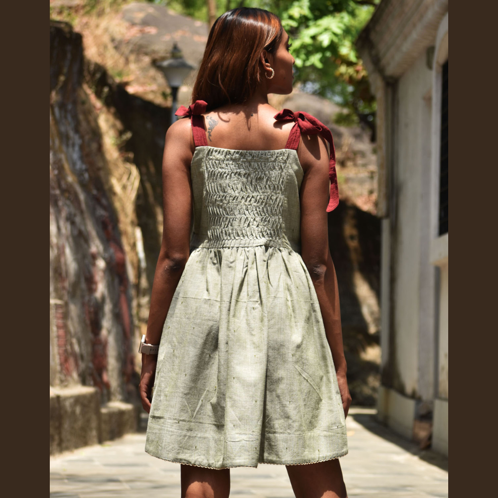 Tie Strap Mini Olive Pleated Dress