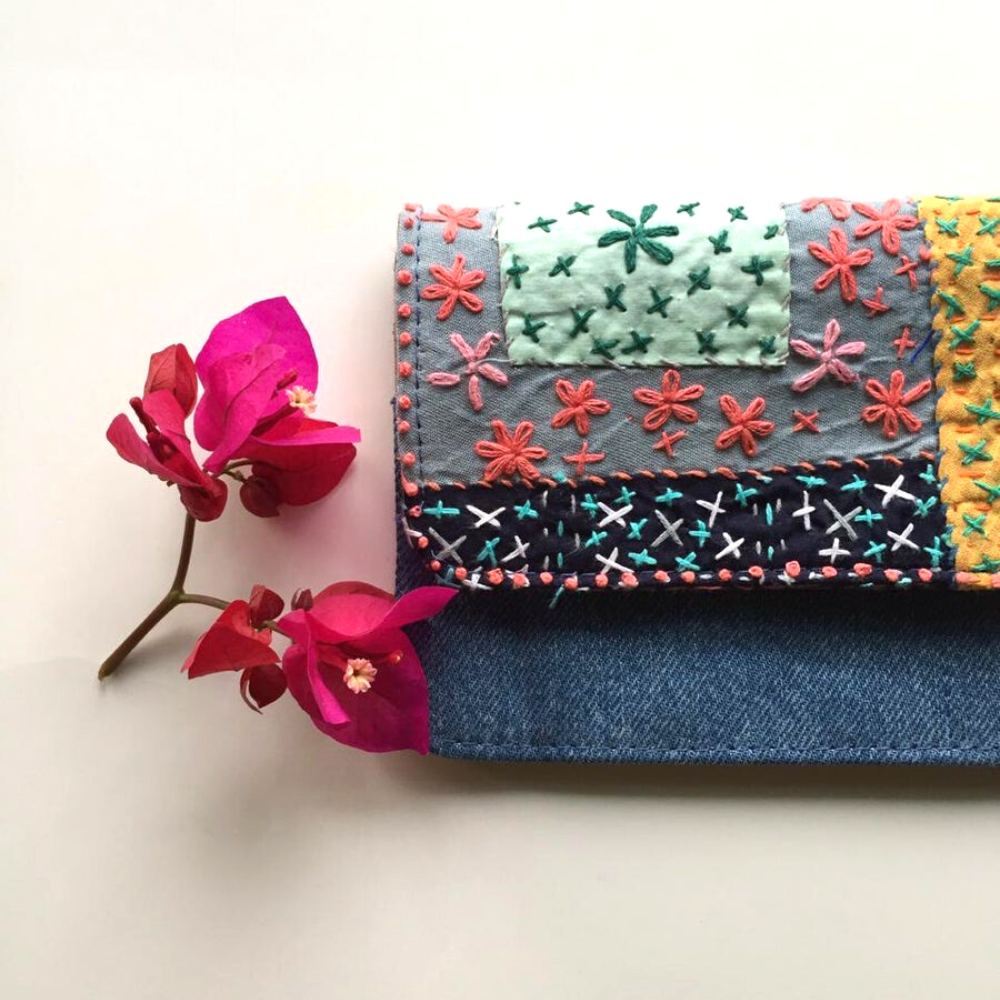 Flowery Crossways Sashiko Wallet
