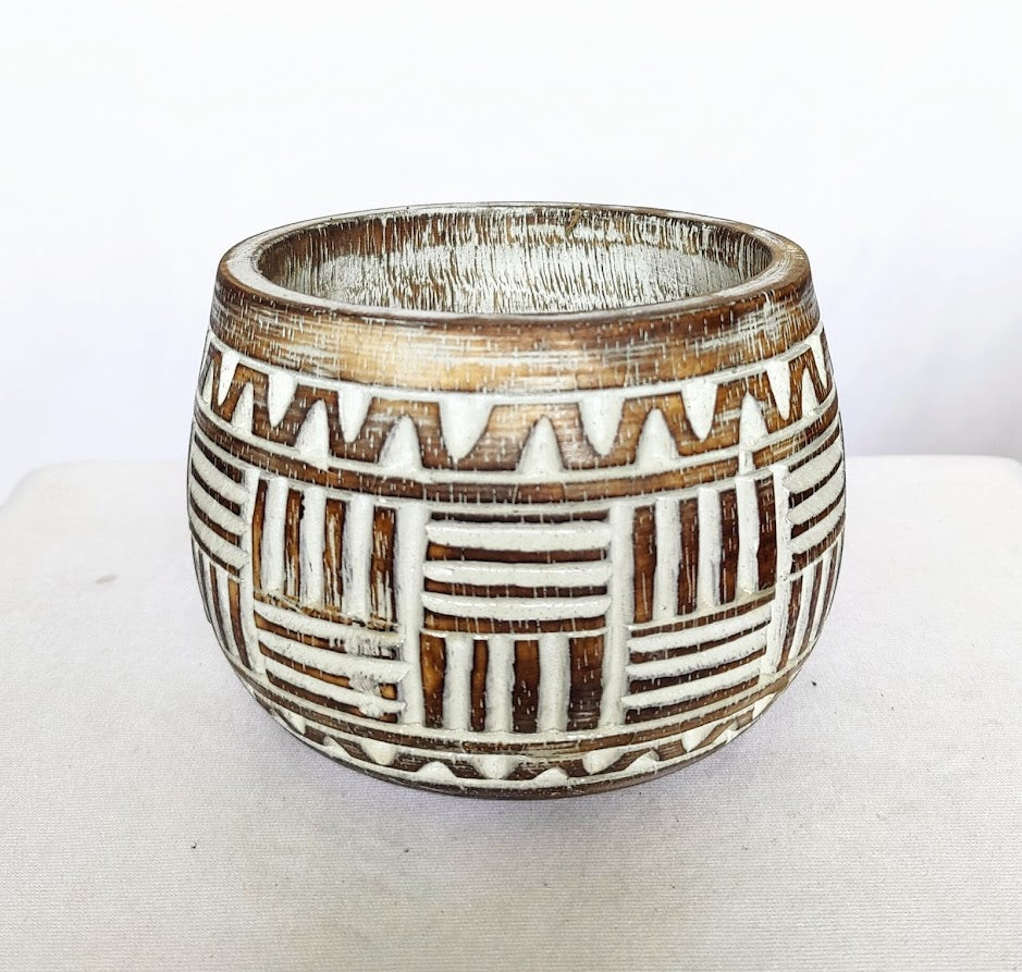 Handmade Carved Tribal Line Pattern Wooden Bowl | Planter