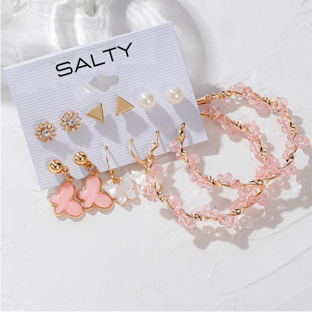 Pink Hoops and Butterfly Earrings and Studs (Set of 6)