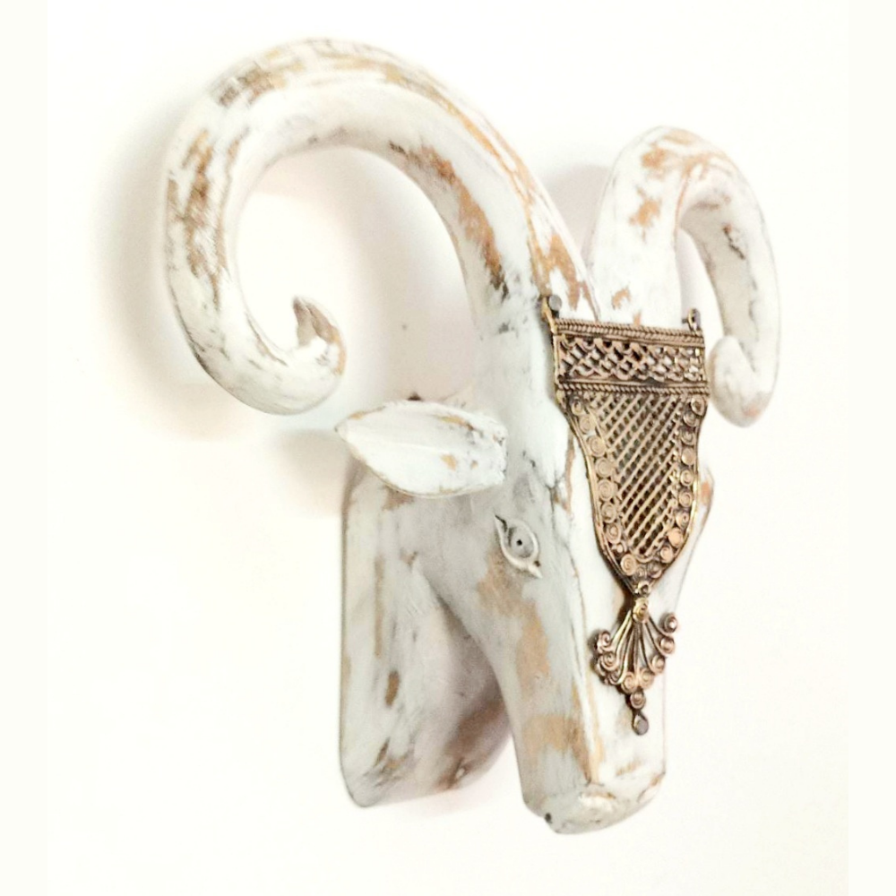 Hand Crafted Wooden Ram Head (White Distressed)