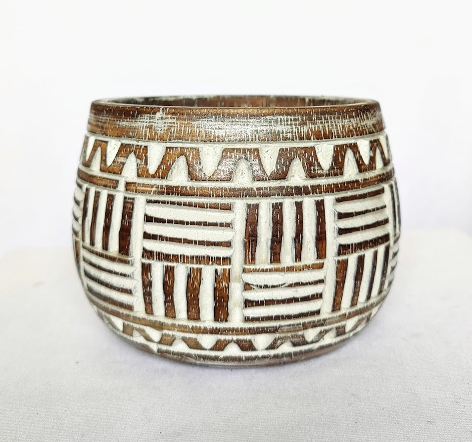 Handmade Carved Tribal Line Pattern Wooden Bowl | Planter
