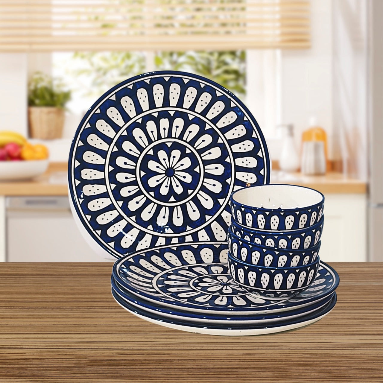 Maatikosh Handcrafted Blue Blossom Dinner Plates with Bowls